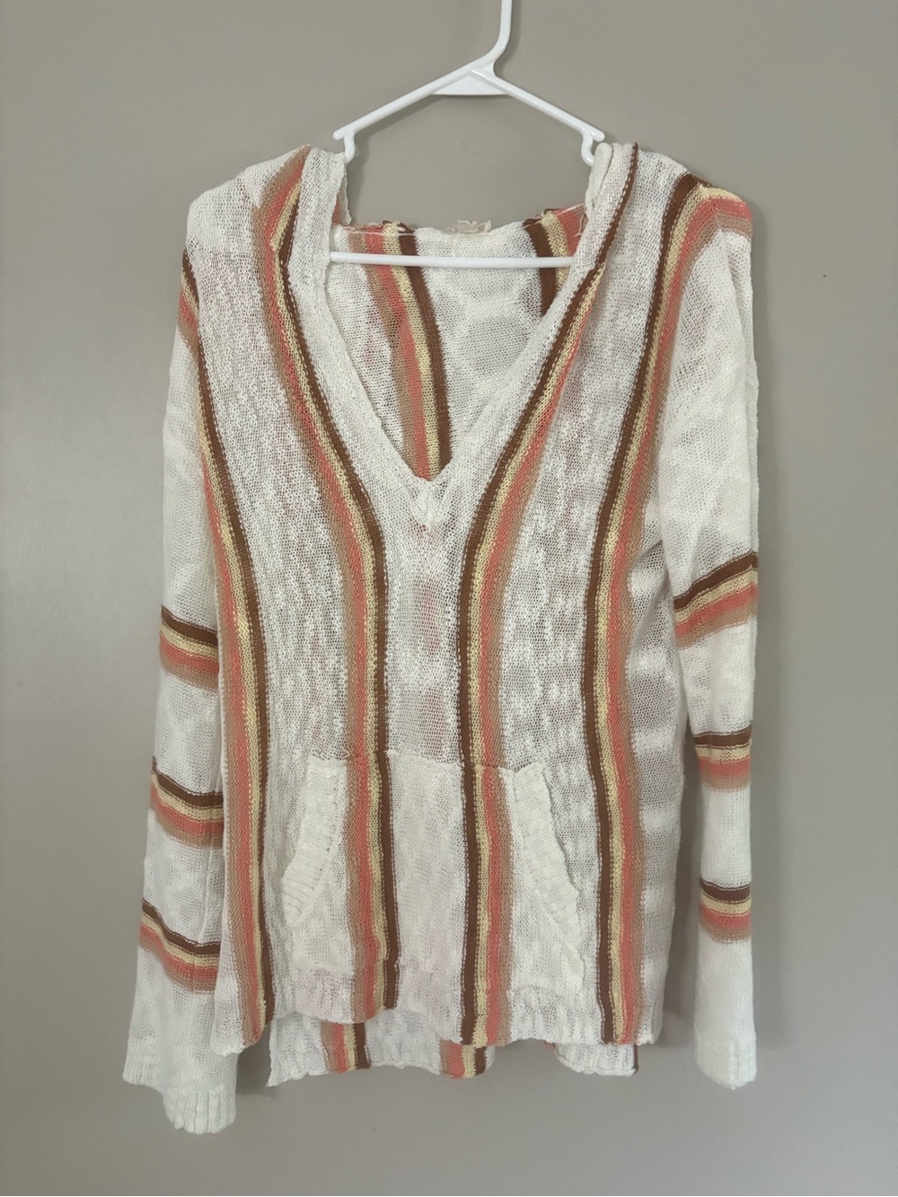 Hem & Thread Cream V-Neck Knit Sweater with Rust and Brown Stripes